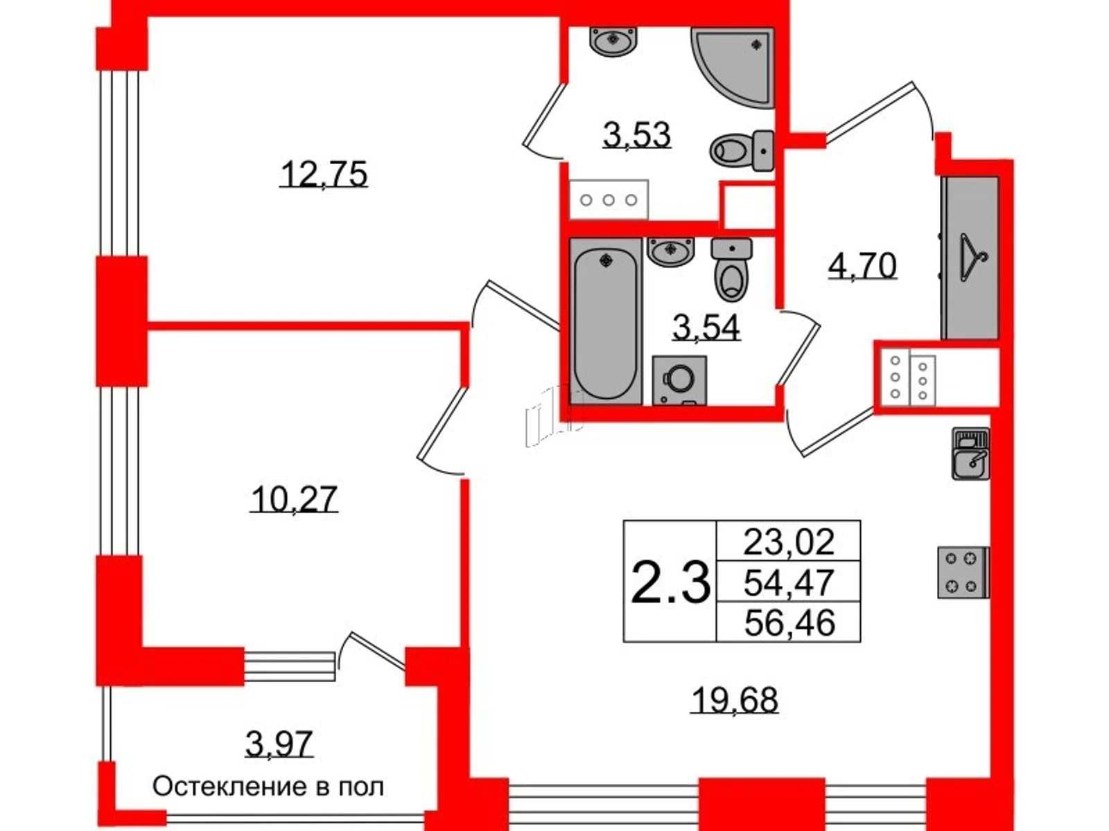 Планировка 3-комнатная 54,5 м² в жилом комплексе «Астра Континенталь» — Жилой комплекс «Астра Континенталь»