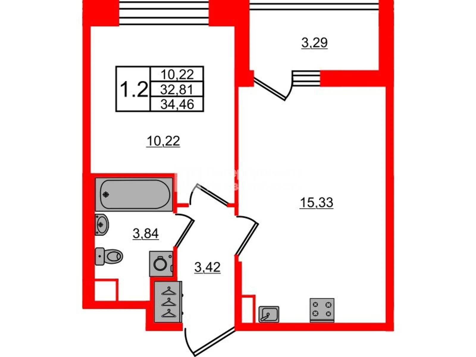 Планировка 2-комнатная 32,8 м² в жилом комплексе «Астра Континенталь» — Жилой комплекс «Астра Континенталь»