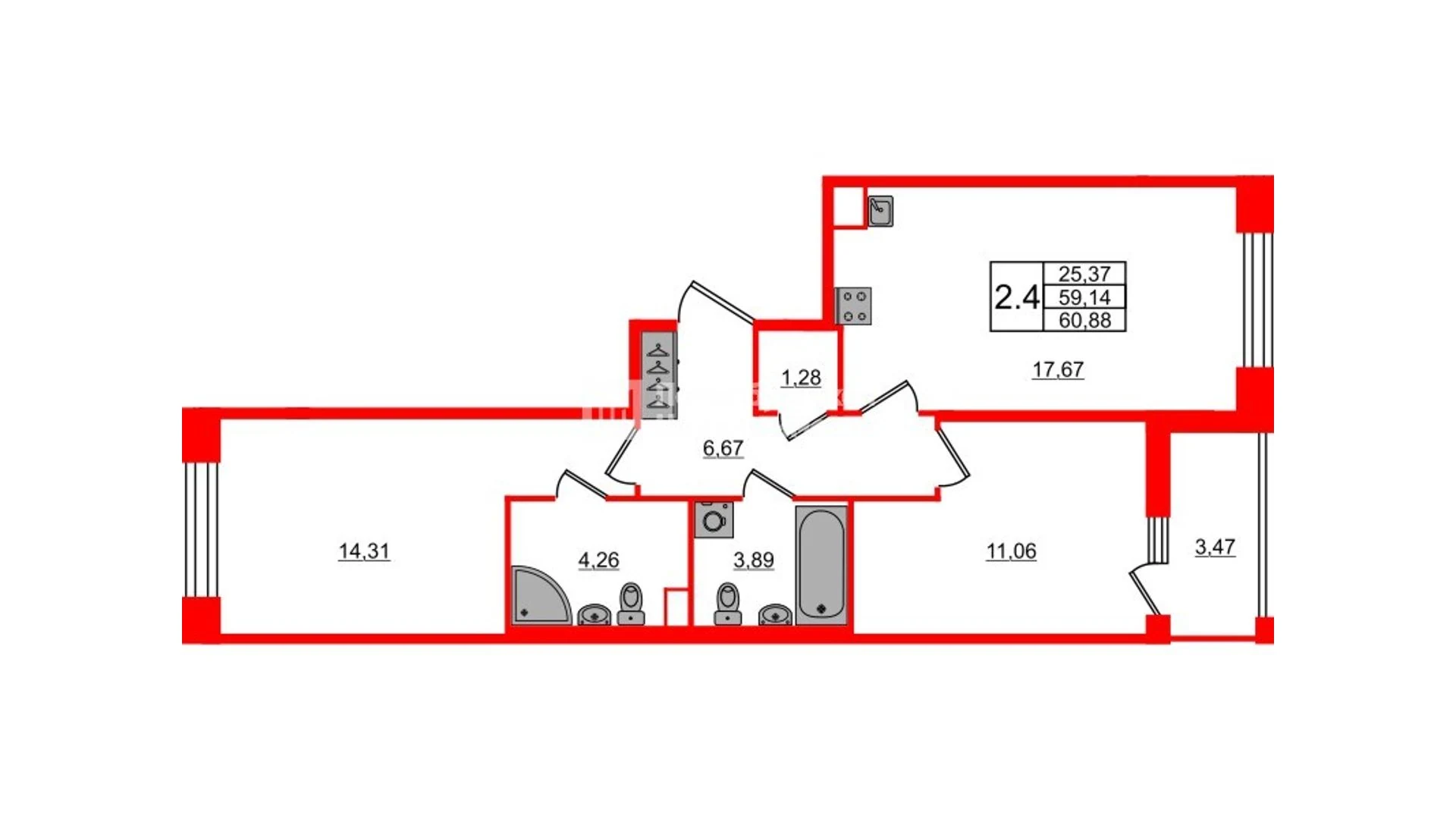 Планировка 3-комнатная 59,1 м² в жилом комплексе «Астра Континенталь» — Жилой комплекс «Астра Континенталь»