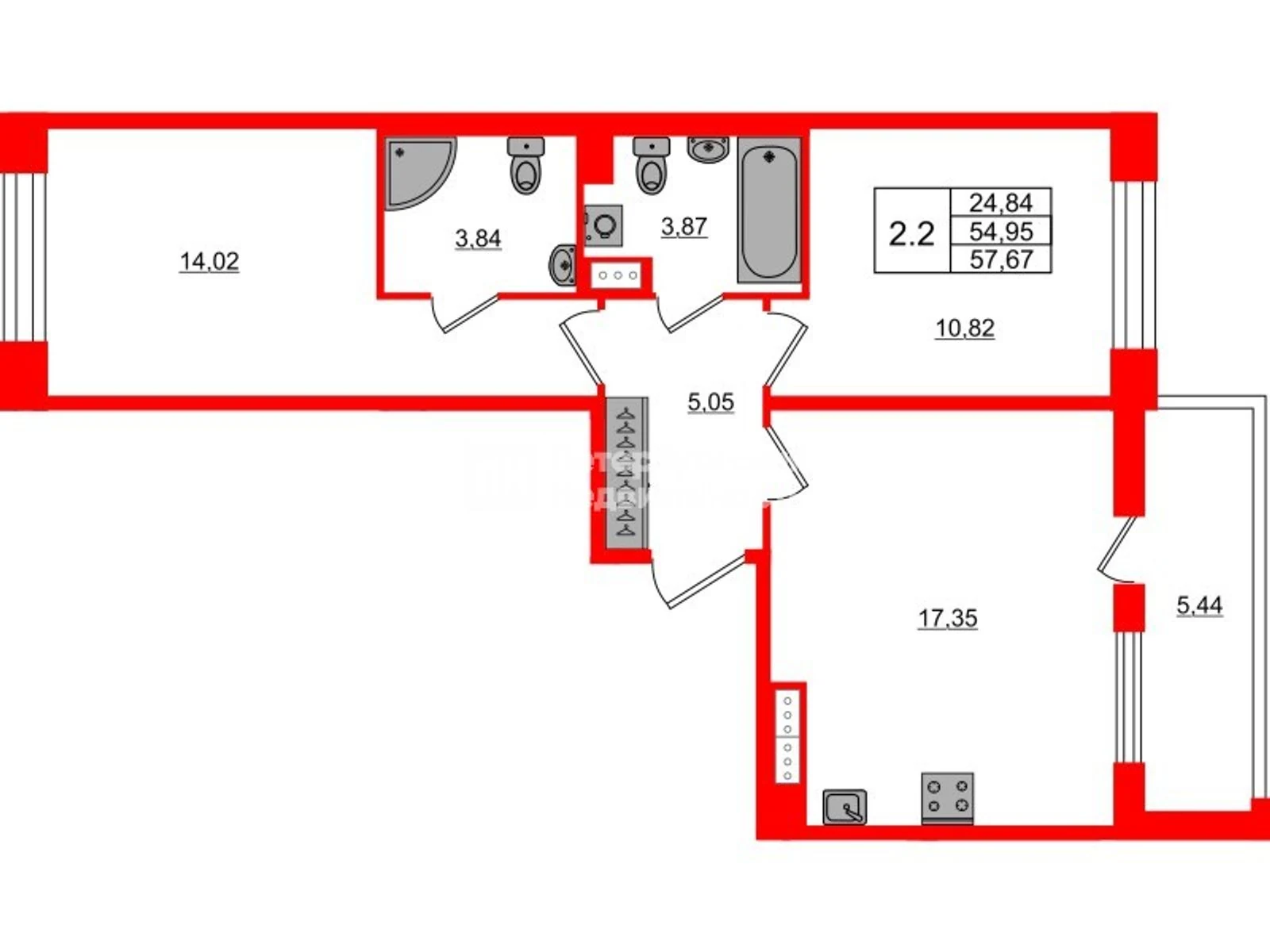 Планировка 3-комнатная 55 м² в жилом комплексе «Астра Континенталь» — Жилой комплекс «Астра Континенталь»