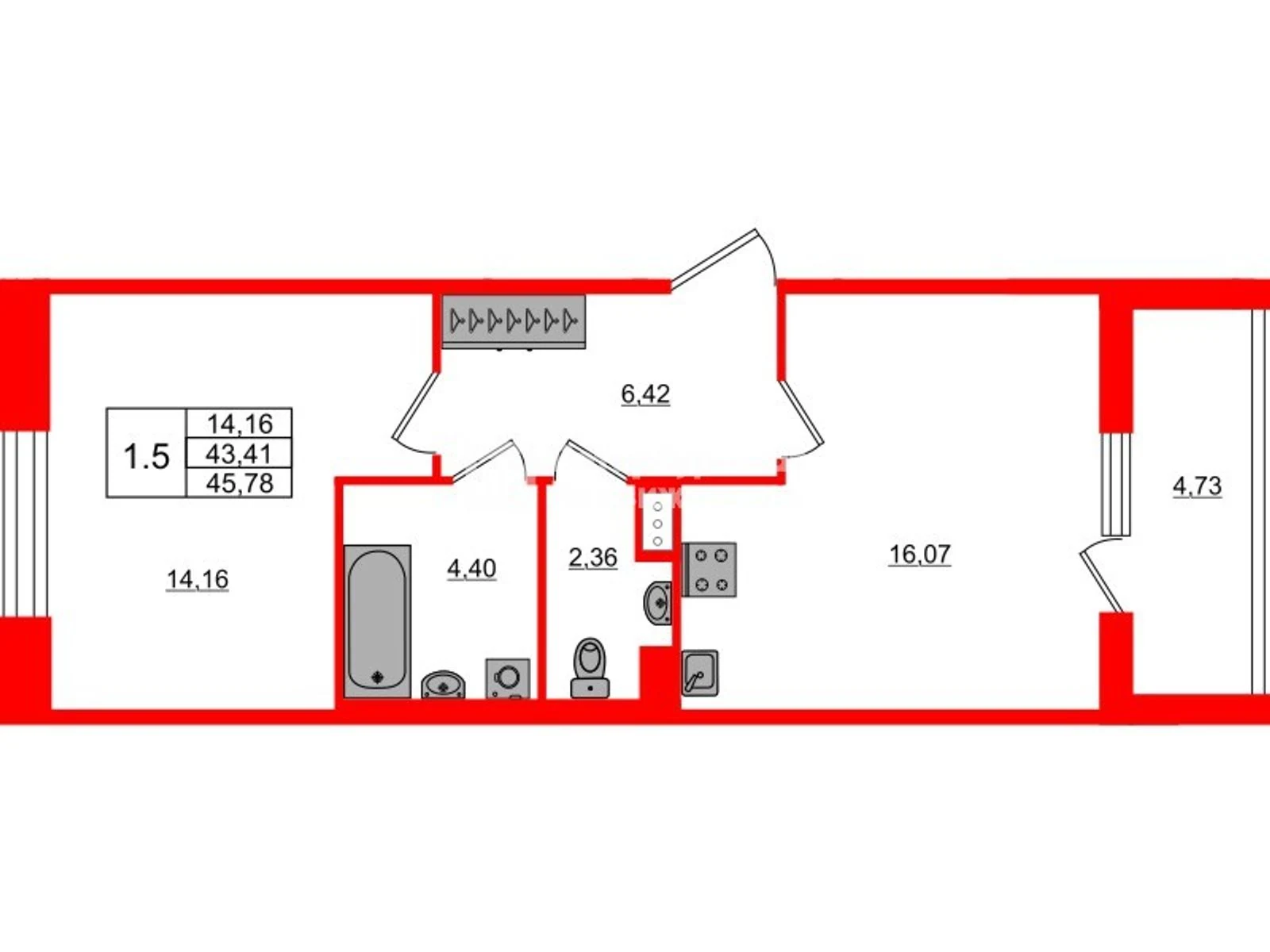 Планировка 2-комнатная 43,4 м² в жилом комплексе «Астра Континенталь» — Жилой комплекс «Астра Континенталь»