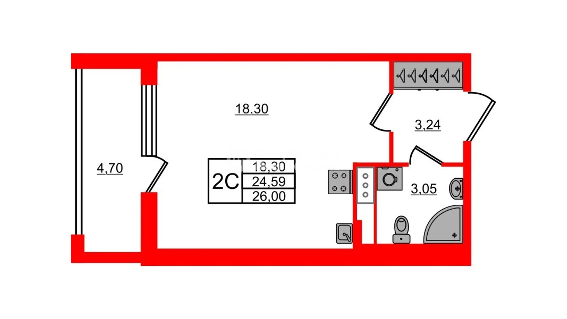Планировка студия 24,6 м² в жилом комплексе «Астра Континенталь» — Жилой комплекс «Астра Континенталь»