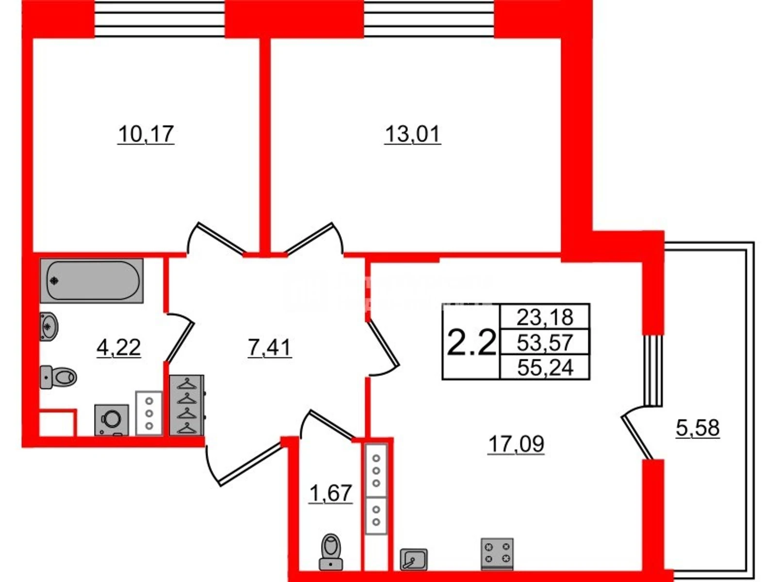 Планировка 3-комнатная 53,6 м² в жилом комплексе «Астра Континенталь» — Жилой комплекс «Астра Континенталь»