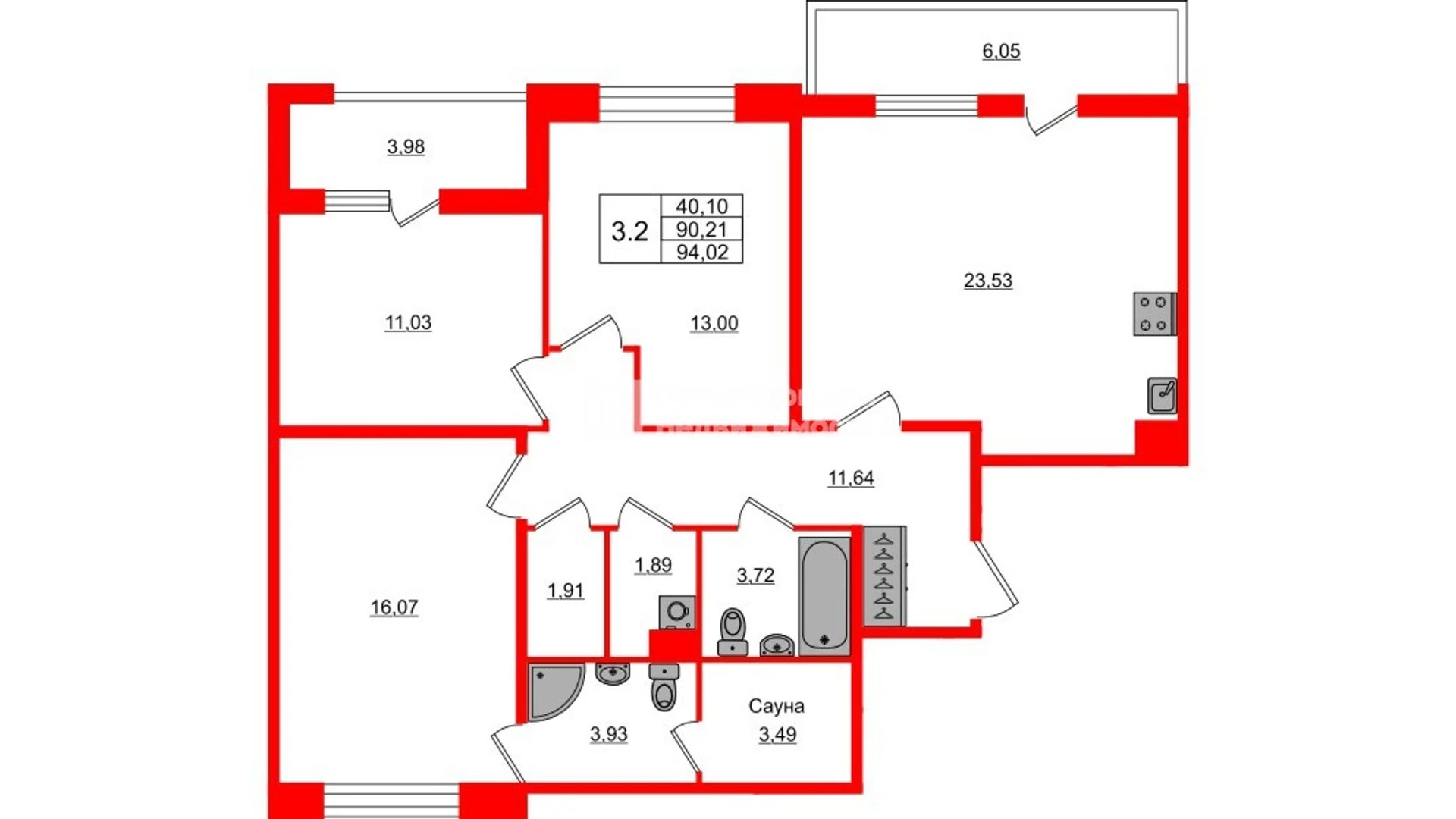 Планировка 4-комнатная 90,2 м² в жилом комплексе «Астра Континенталь» — Жилой комплекс «Астра Континенталь»