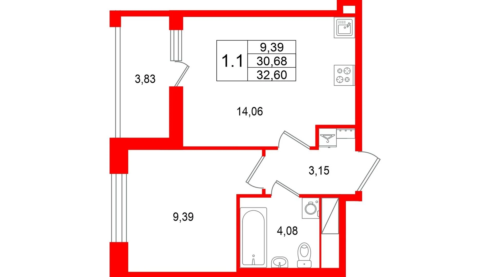 Планировка 2-комнатная 30,7 м² в жилом комплексе «Астра Континенталь» — Жилой комплекс «Астра Континенталь»