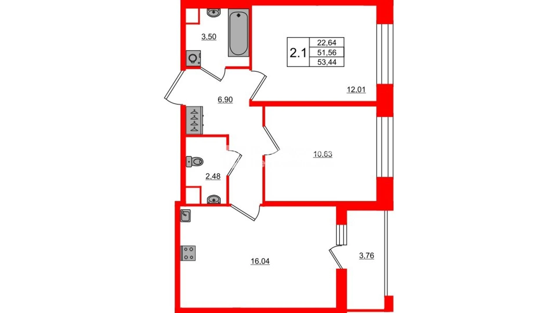 Планировка 3-комнатная 51,6 м² в жилом комплексе «Астра Континенталь» — Жилой комплекс «Астра Континенталь»