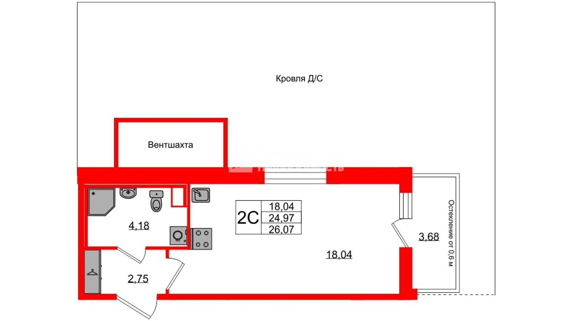Планировка студия 25 м² в жилом комплексе «Астра Континенталь» — Жилой комплекс «Астра Континенталь»