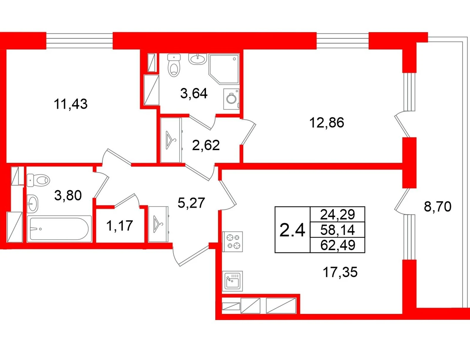 Планировка 3-комнатная 58,1 м² в жилом комплексе «Астра Континенталь» — Жилой комплекс «Астра Континенталь»