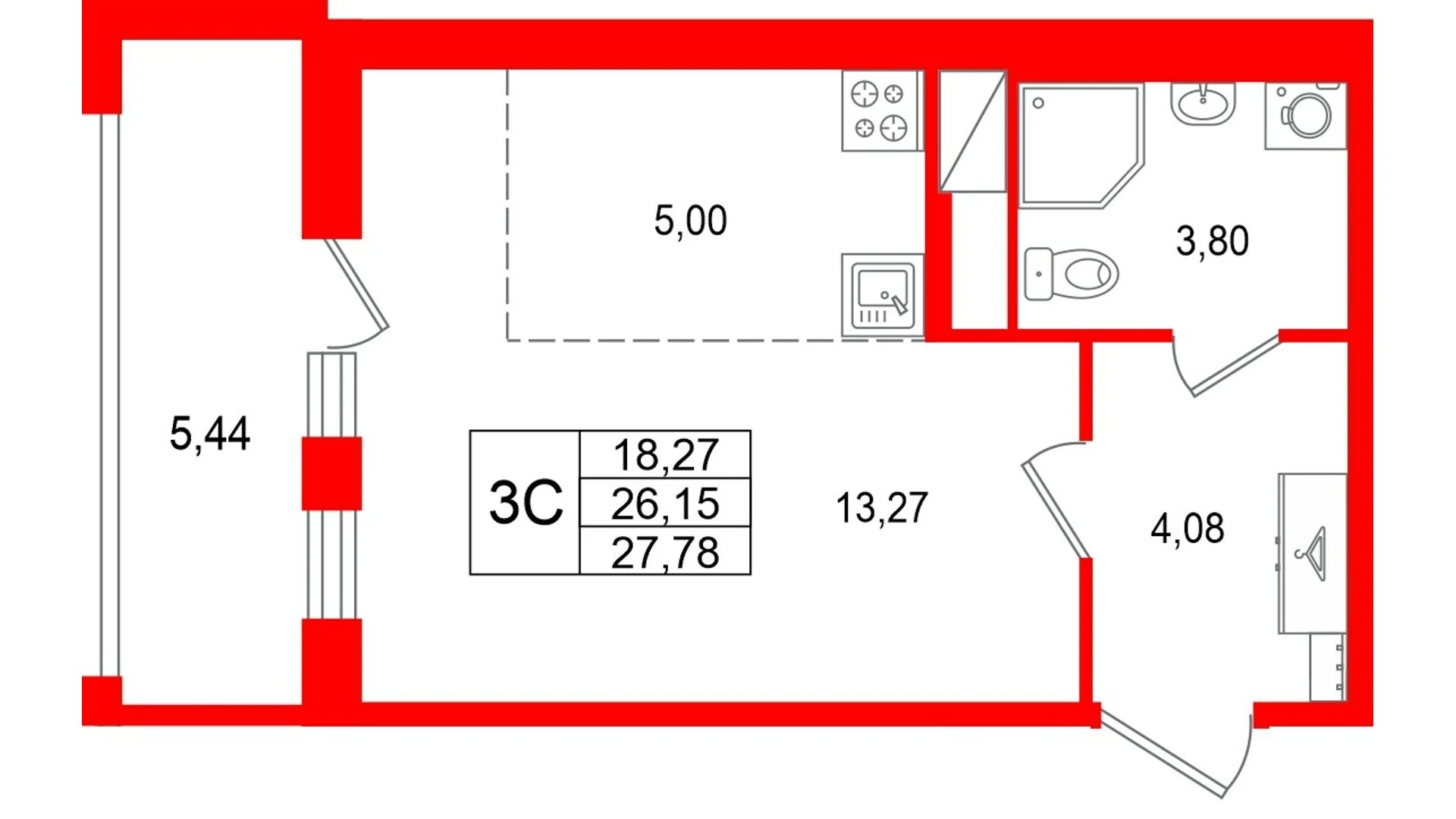 Планировка студия 26,1 м² в жилом комплексе «Астра Континенталь» — Жилой комплекс «Астра Континенталь»