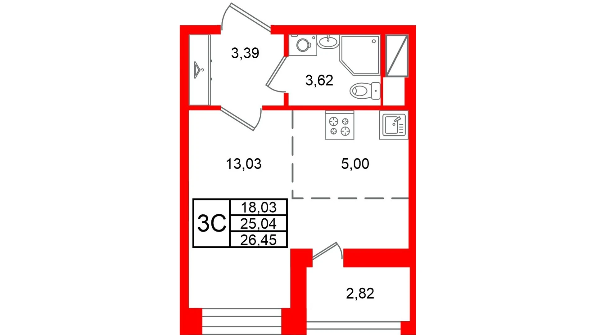 Планировка студия 25 м² в жилом комплексе «Астра Континенталь» — Жилой комплекс «Астра Континенталь»