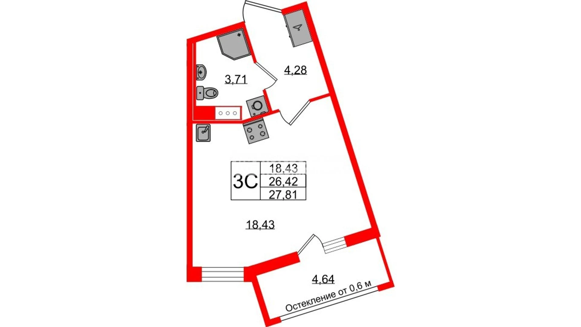 Планировка студия 26,4 м² в жилом комплексе «Астра Континенталь» — Жилой комплекс «Астра Континенталь»