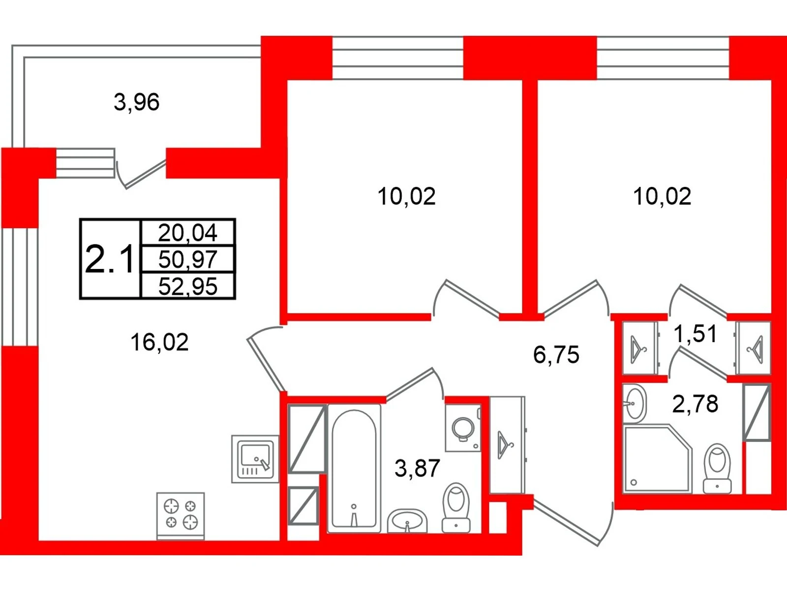 Планировка 3-комнатная 51 м² в жилом комплексе «Астра Континенталь» — Жилой комплекс «Астра Континенталь»