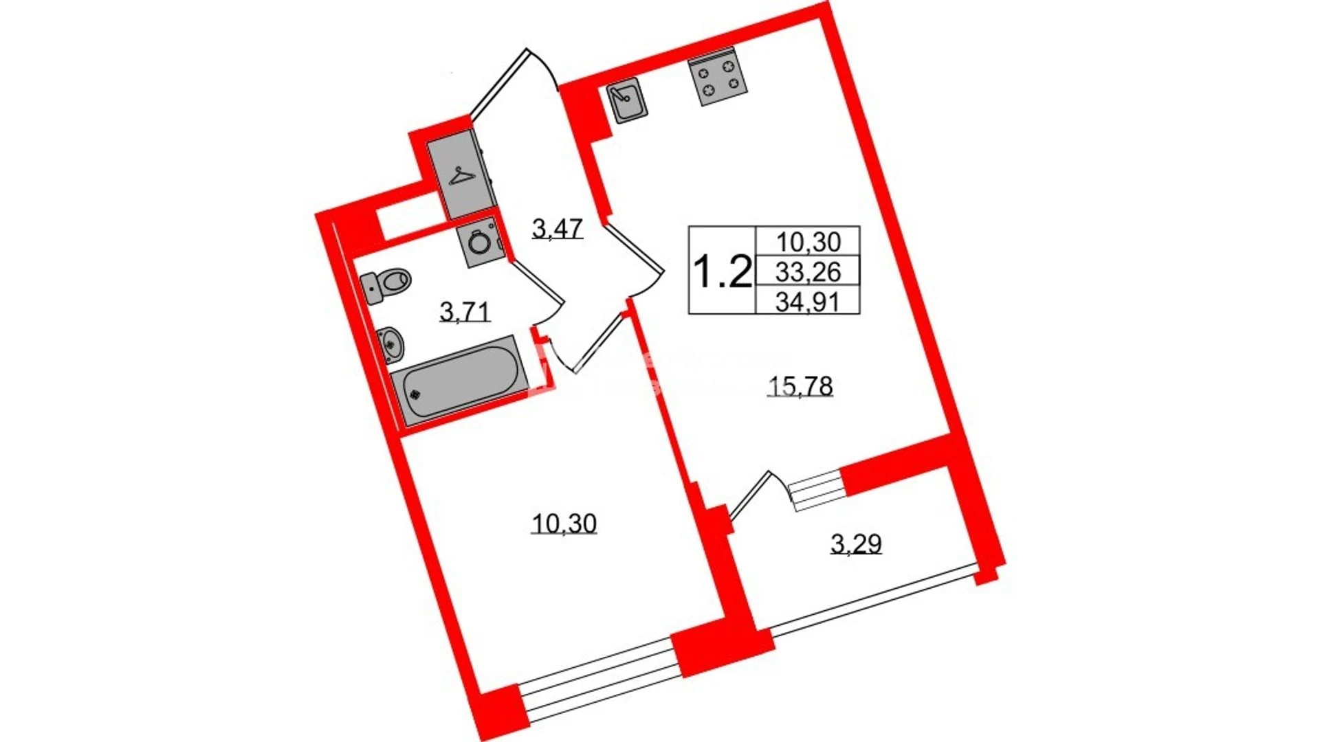 Планировка 2-комнатная 33,3 м² в жилом комплексе «Астра Континенталь» — Жилой комплекс «Астра Континенталь»