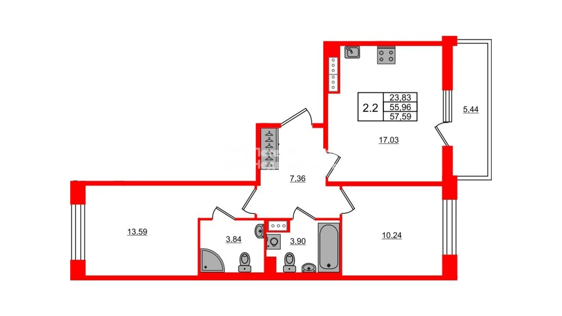 Планировка 3-комнатная 56 м² в жилом комплексе «Астра Континенталь» — Жилой комплекс «Астра Континенталь»