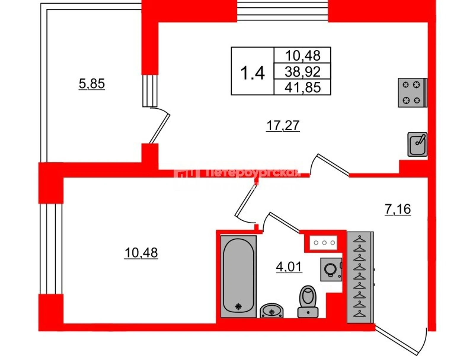 Планировка 2-комнатная 38,9 м² в жилом комплексе «Астра Континенталь» — Жилой комплекс «Астра Континенталь»