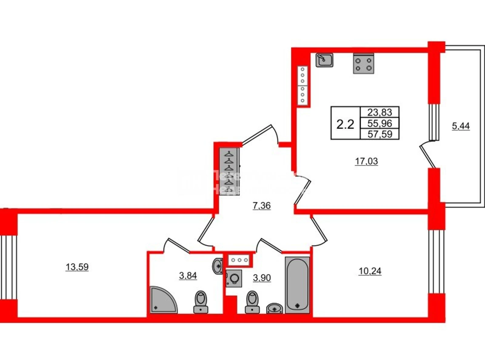 Планировка 3-комнатная 56 м² в жилом комплексе «Астра Континенталь» — Жилой комплекс «Астра Континенталь»