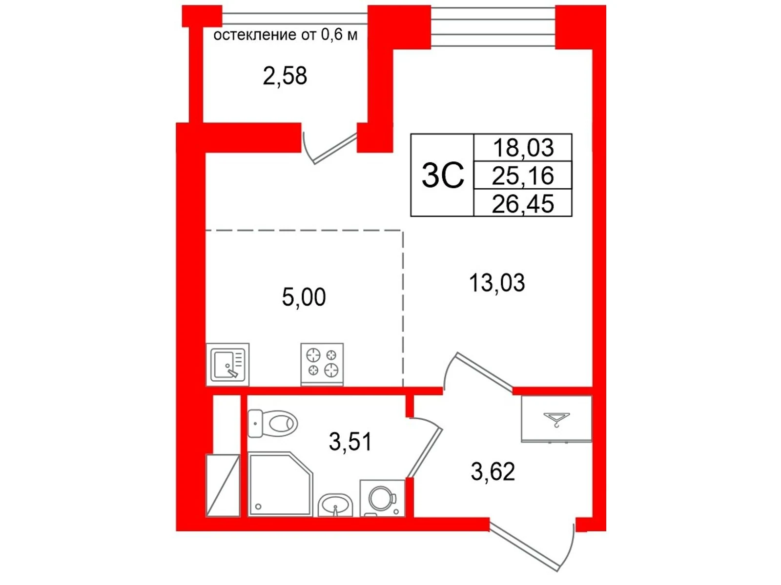 Планировка студия 25,2 м² в жилом комплексе «Астра Континенталь» — Жилой комплекс «Астра Континенталь»