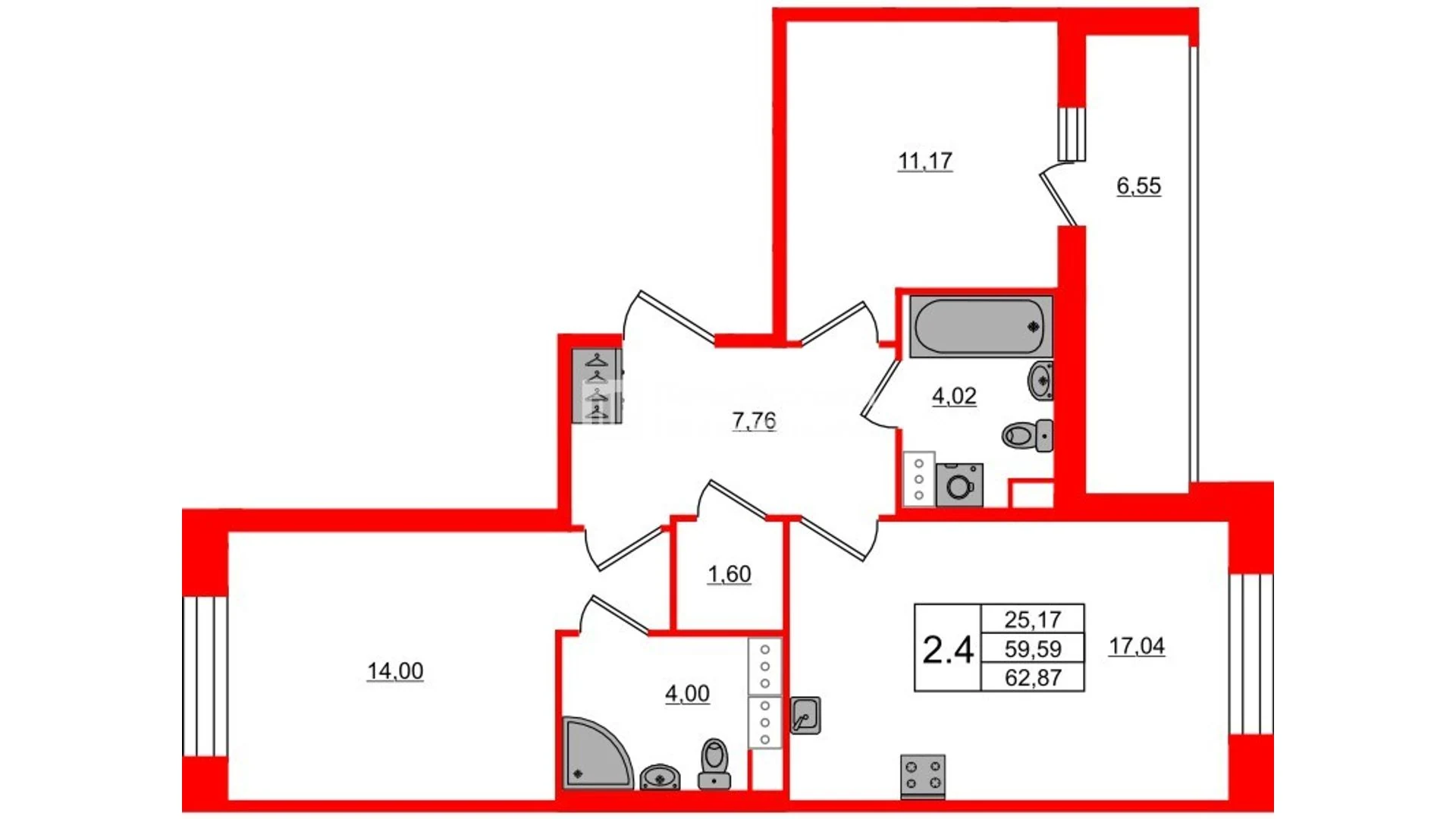 Планировка 3-комнатная 59,6 м² в жилом комплексе «Астра Континенталь» — Жилой комплекс «Астра Континенталь»
