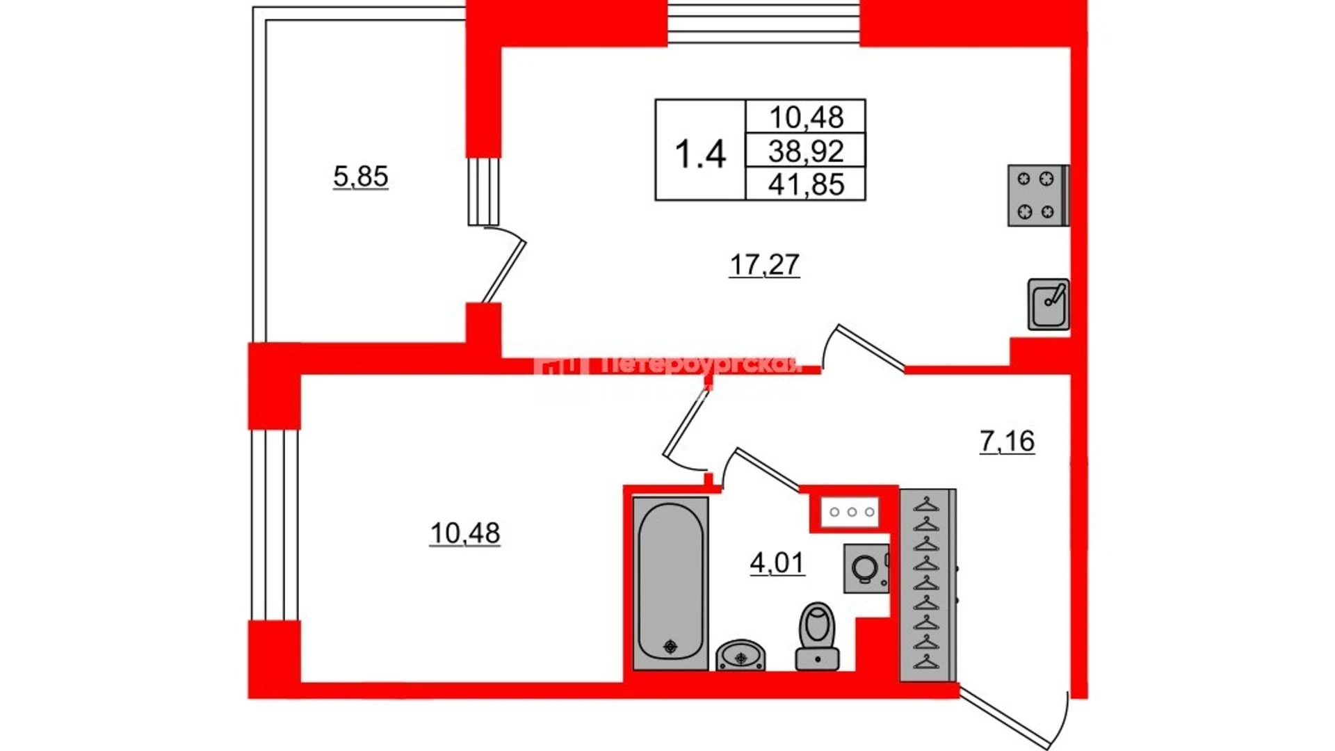 Планировка 2-комнатная 38,9 м² в жилом комплексе «Астра Континенталь» — Жилой комплекс «Астра Континенталь»
