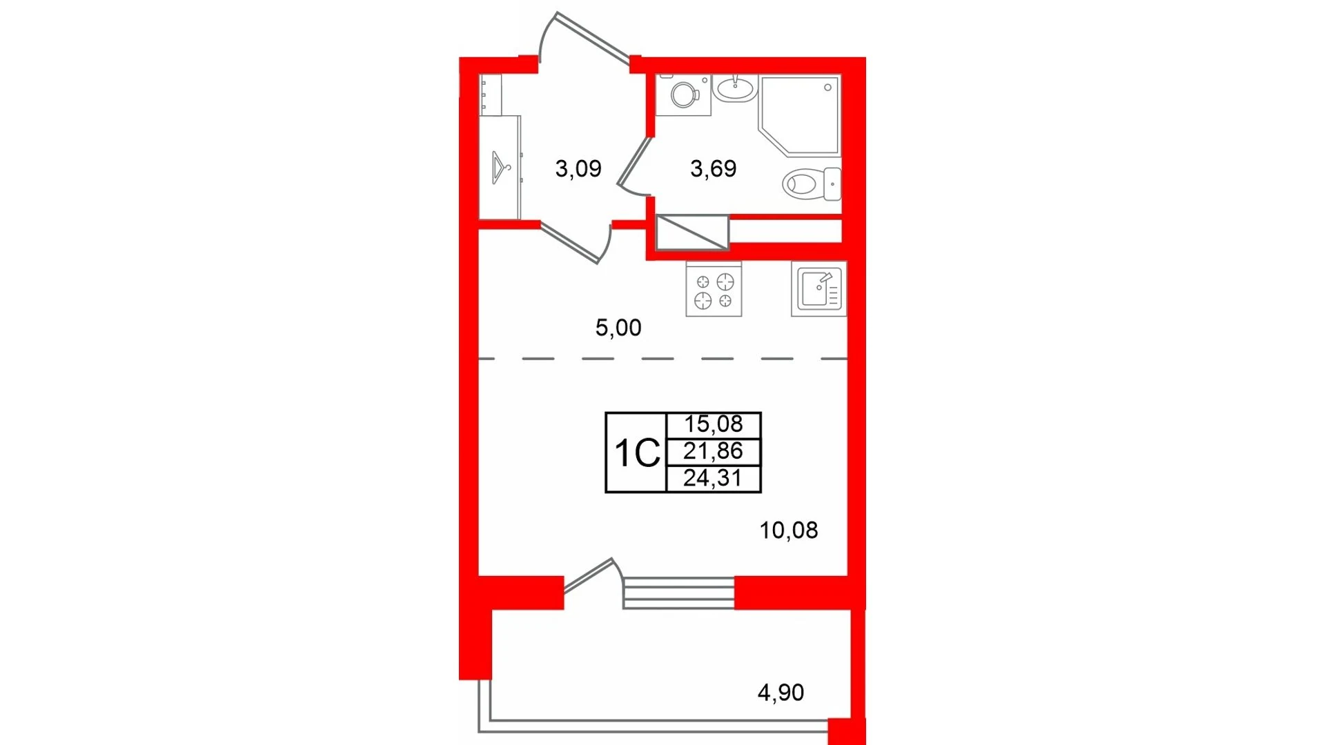 Планировка студия 21,9 м² в жилом комплексе «Астра Континенталь» — Жилой комплекс «Астра Континенталь»