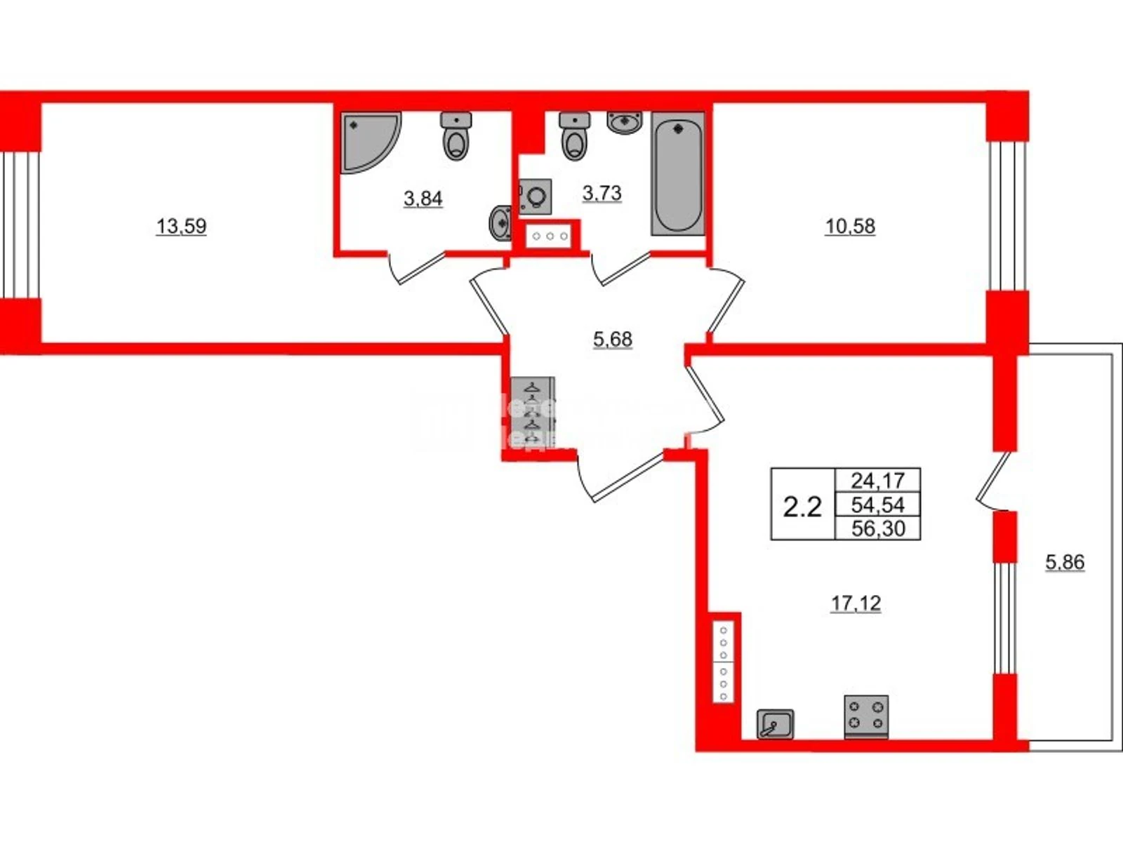 Планировка 3-комнатная 54,5 м² в жилом комплексе «Астра Континенталь» — Жилой комплекс «Астра Континенталь»