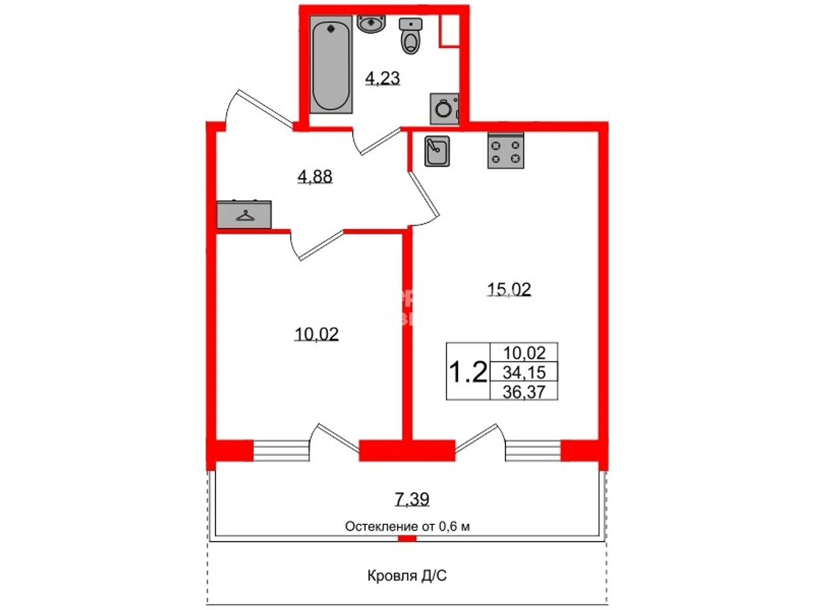 Планировка 2-комнатная 34,1 м² в жилом комплексе «Астра Континенталь» — Жилой комплекс «Астра Континенталь»