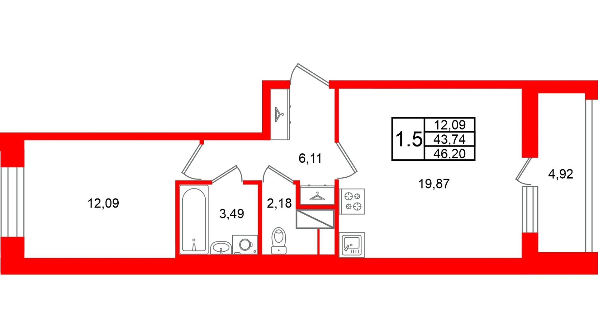 Планировка 2-комнатная 43,7 м² в жилом комплексе «Астра Континенталь» — Жилой комплекс «Астра Континенталь»
