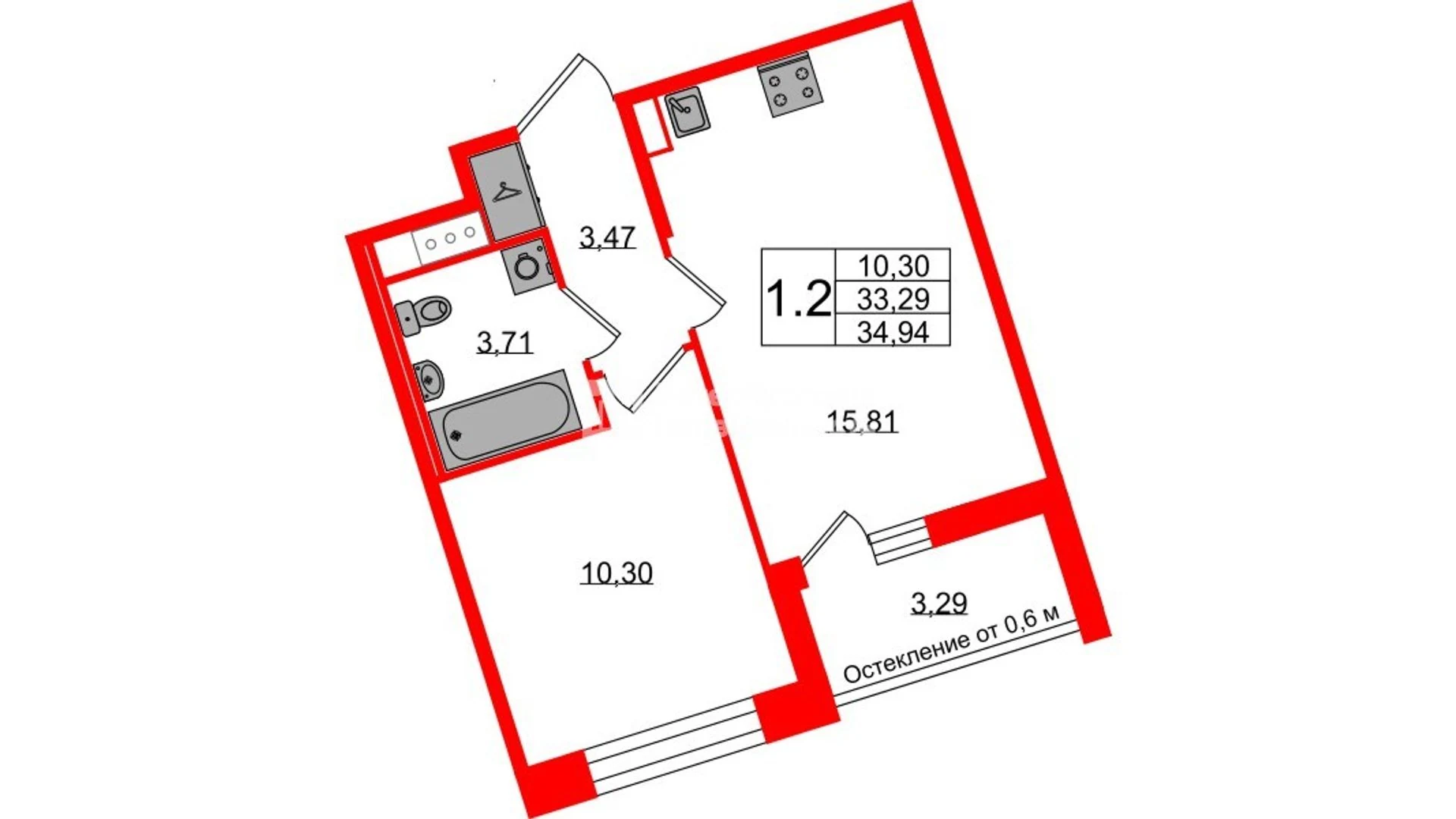 Планировка 2-комнатная 33,3 м² в жилом комплексе «Астра Континенталь» — Жилой комплекс «Астра Континенталь»