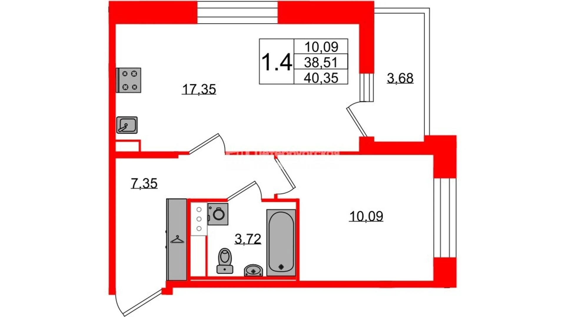 Планировка 2-комнатная 38,5 м² в жилом комплексе «Астра Континенталь» — Жилой комплекс «Астра Континенталь»