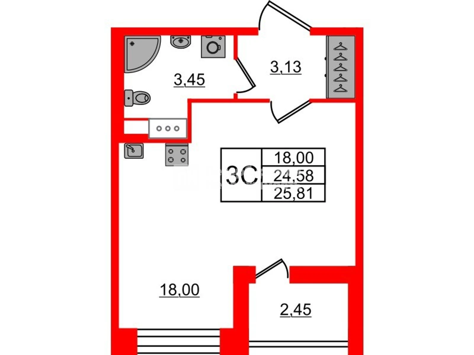 Планировка студия 24,6 м² в жилом комплексе «Астра Континенталь» — Жилой комплекс «Астра Континенталь»