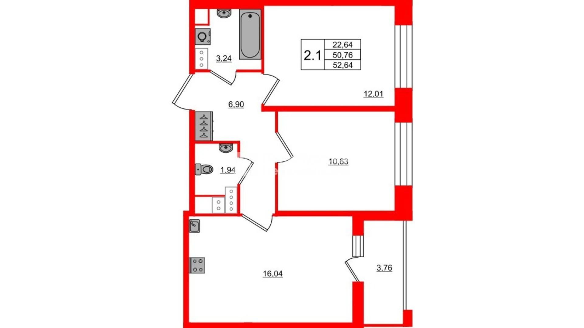 Планировка 3-комнатная 50,8 м² в жилом комплексе «Астра Континенталь» — Жилой комплекс «Астра Континенталь»