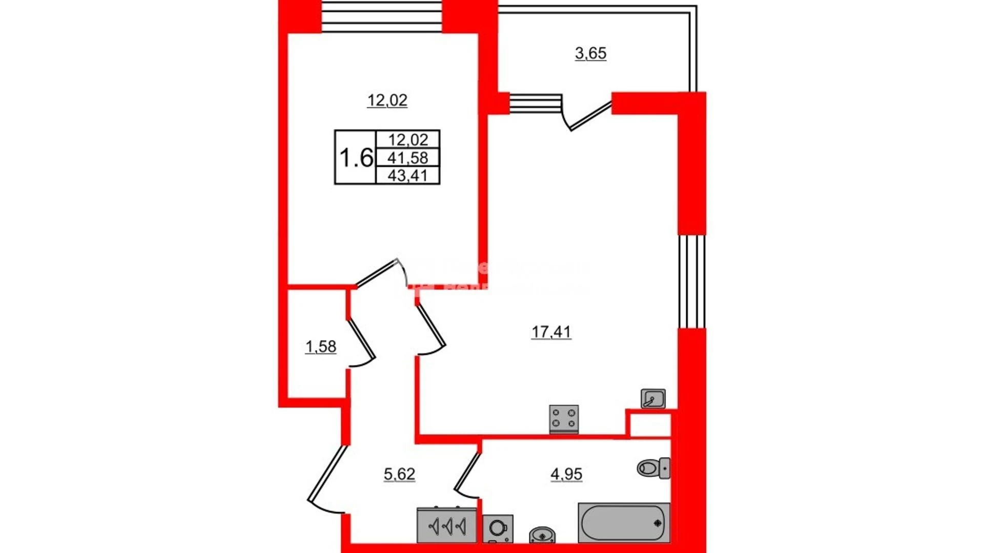 Планировка 2-комнатная 41,6 м² в жилом комплексе «Астра Континенталь» — Жилой комплекс «Астра Континенталь»