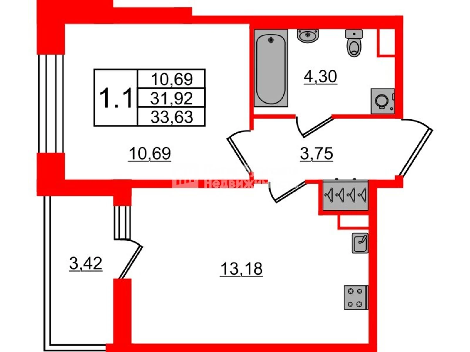 Планировка 2-комнатная 31,9 м² в жилом комплексе «Астра Континенталь» — Жилой комплекс «Астра Континенталь»