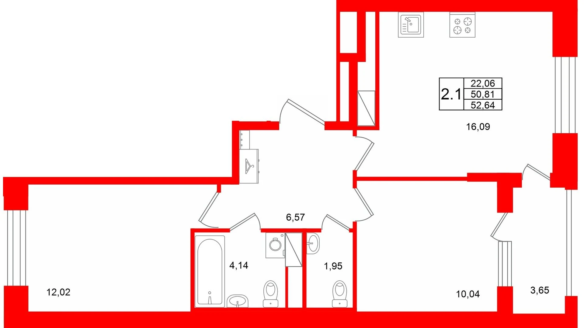 Планировка 3-комнатная 50,8 м² в жилом комплексе «Астра Континенталь» — Жилой комплекс «Астра Континенталь»