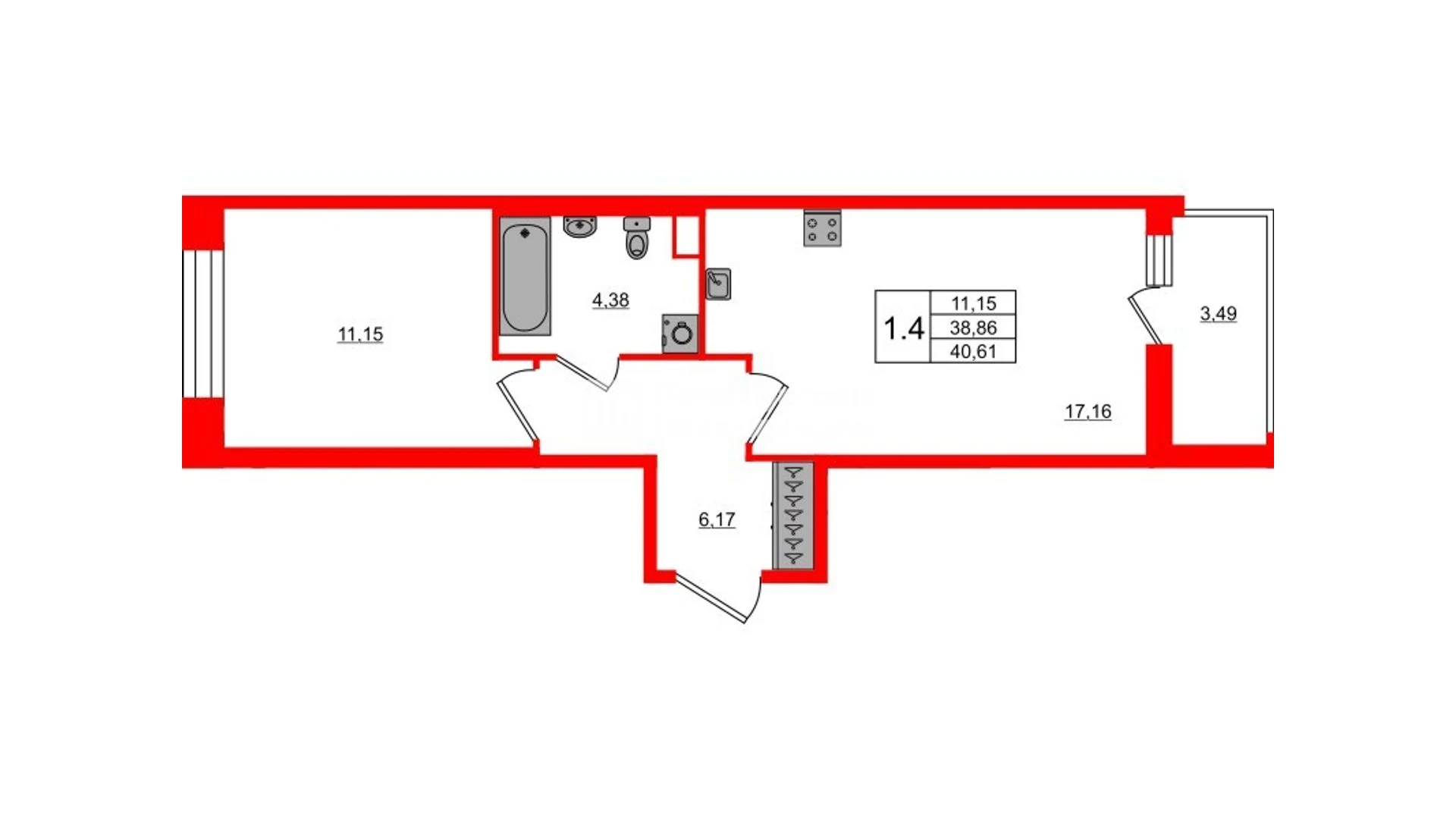 Планировка 2-комнатная 38,9 м² в жилом комплексе «Астра Континенталь» — Жилой комплекс «Астра Континенталь»