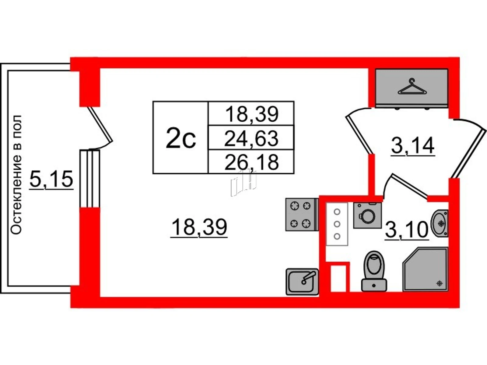 Планировка студия 24,6 м² в жилом комплексе «Астра Континенталь» — Жилой комплекс «Астра Континенталь»