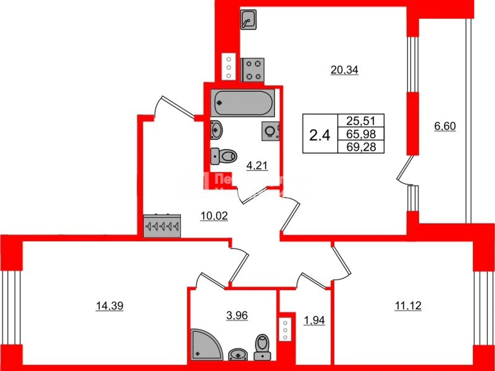 Планировка 3-комнатная 66 м² в жилом комплексе «Астра Континенталь» — Жилой комплекс «Астра Континенталь»