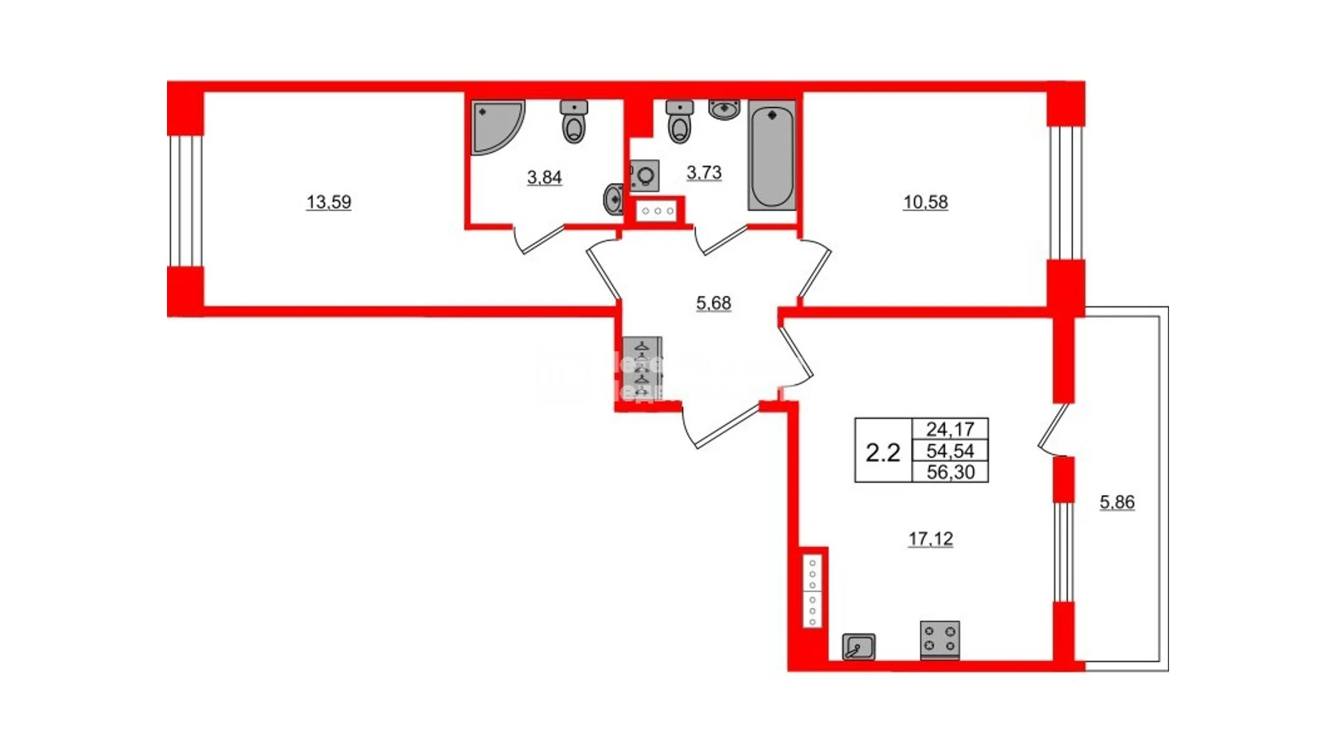 Планировка 3-комнатная 54,5 м² в жилом комплексе «Астра Континенталь» — Жилой комплекс «Астра Континенталь»