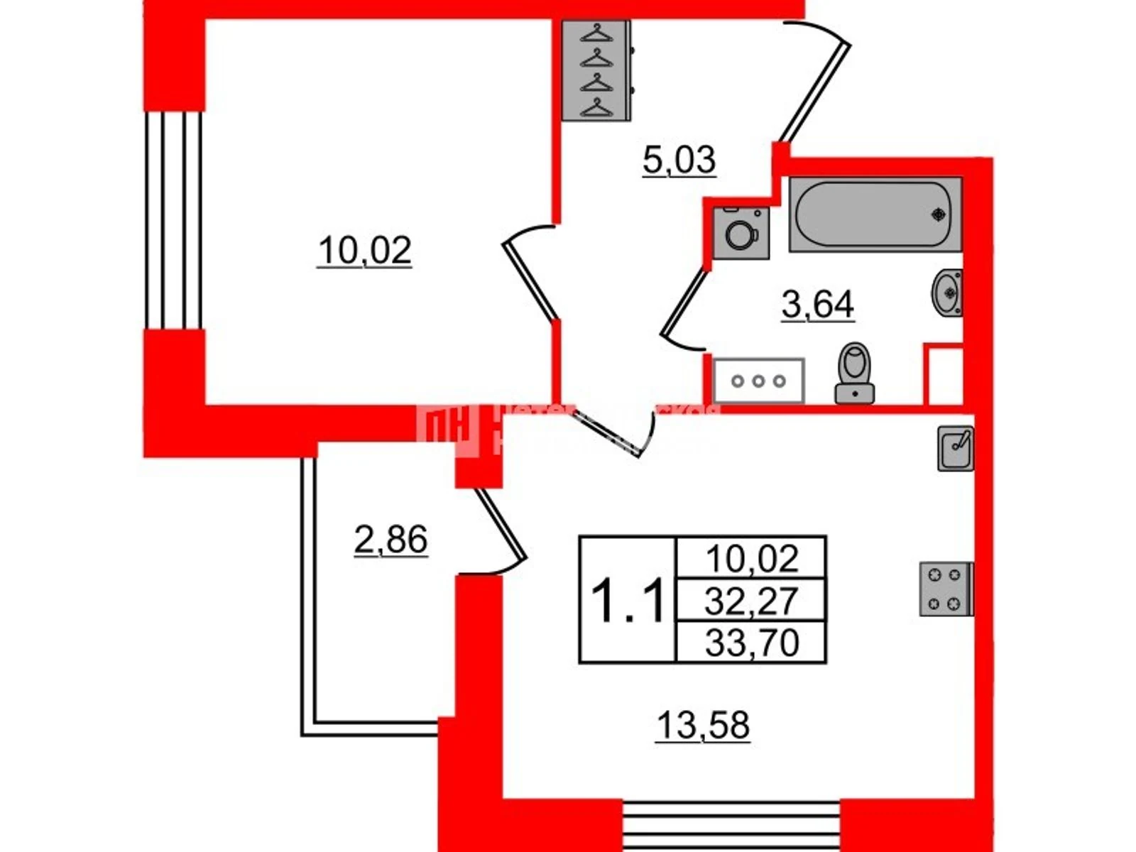 Планировка 2-комнатная 32,3 м² в жилом комплексе «Астра Континенталь» — Жилой комплекс «Астра Континенталь»
