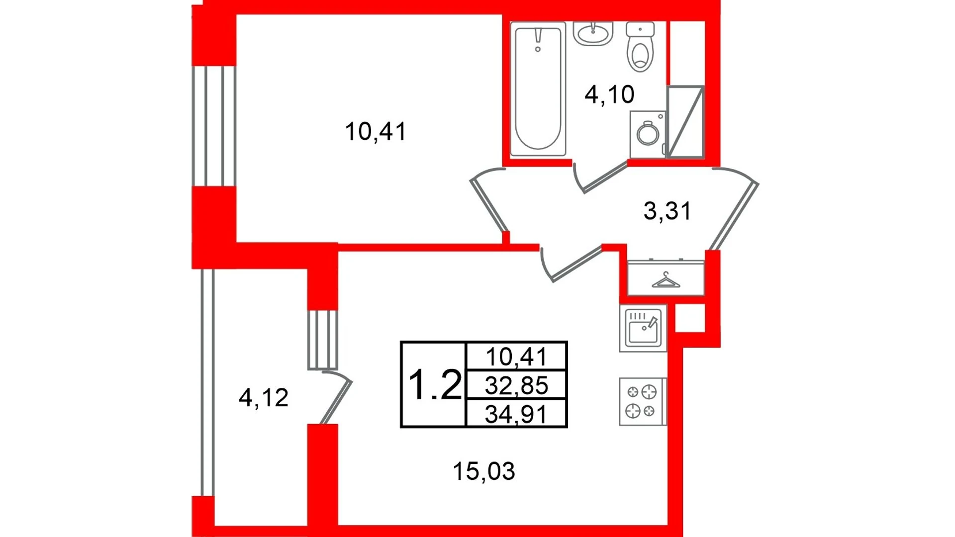 Планировка 2-комнатная 32,9 м² в жилом комплексе «Астра Континенталь» — Жилой комплекс «Астра Континенталь»