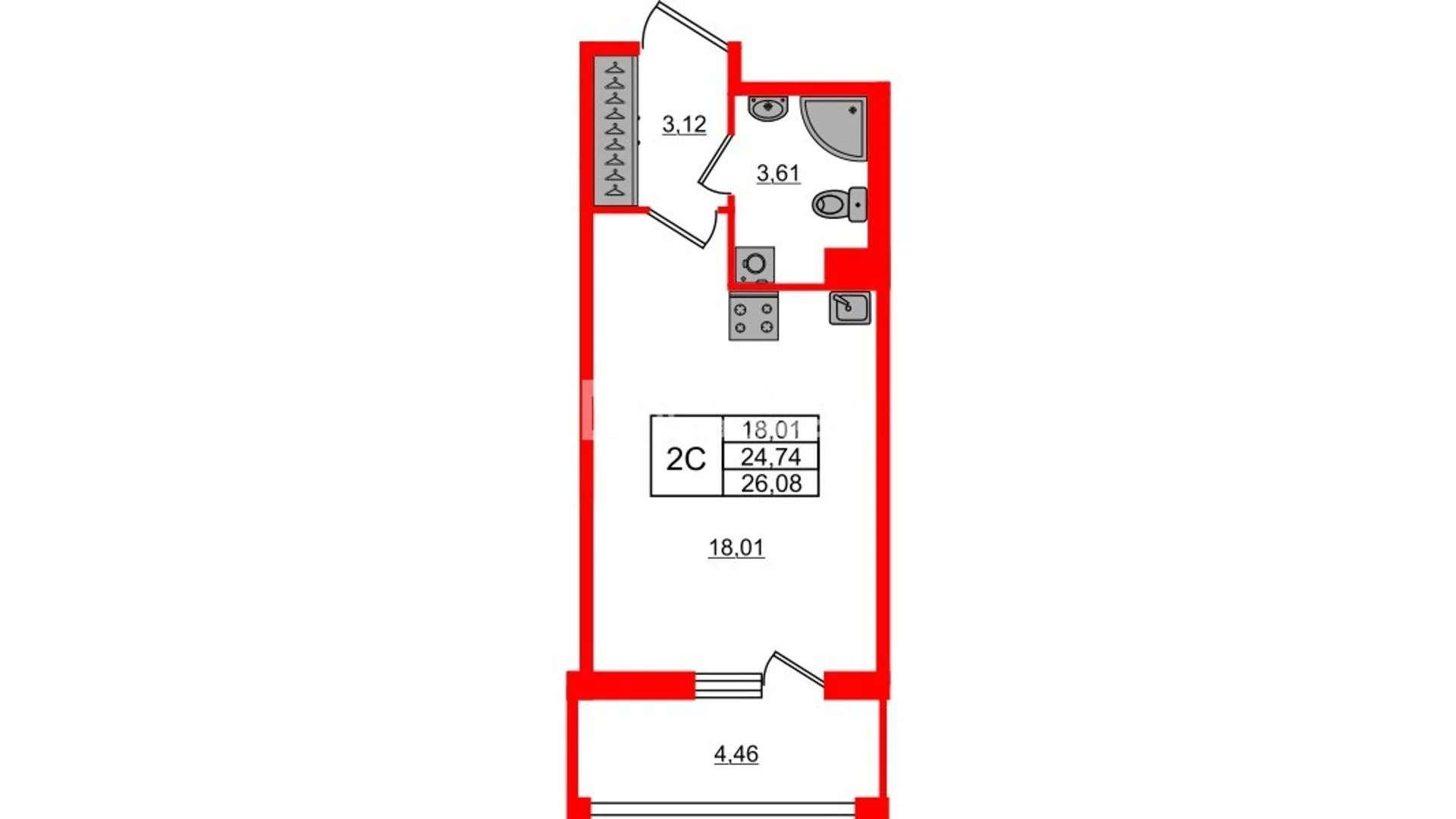 Планировка студия 24,7 м² в жилом комплексе «Астра Континенталь» — Жилой комплекс «Астра Континенталь»