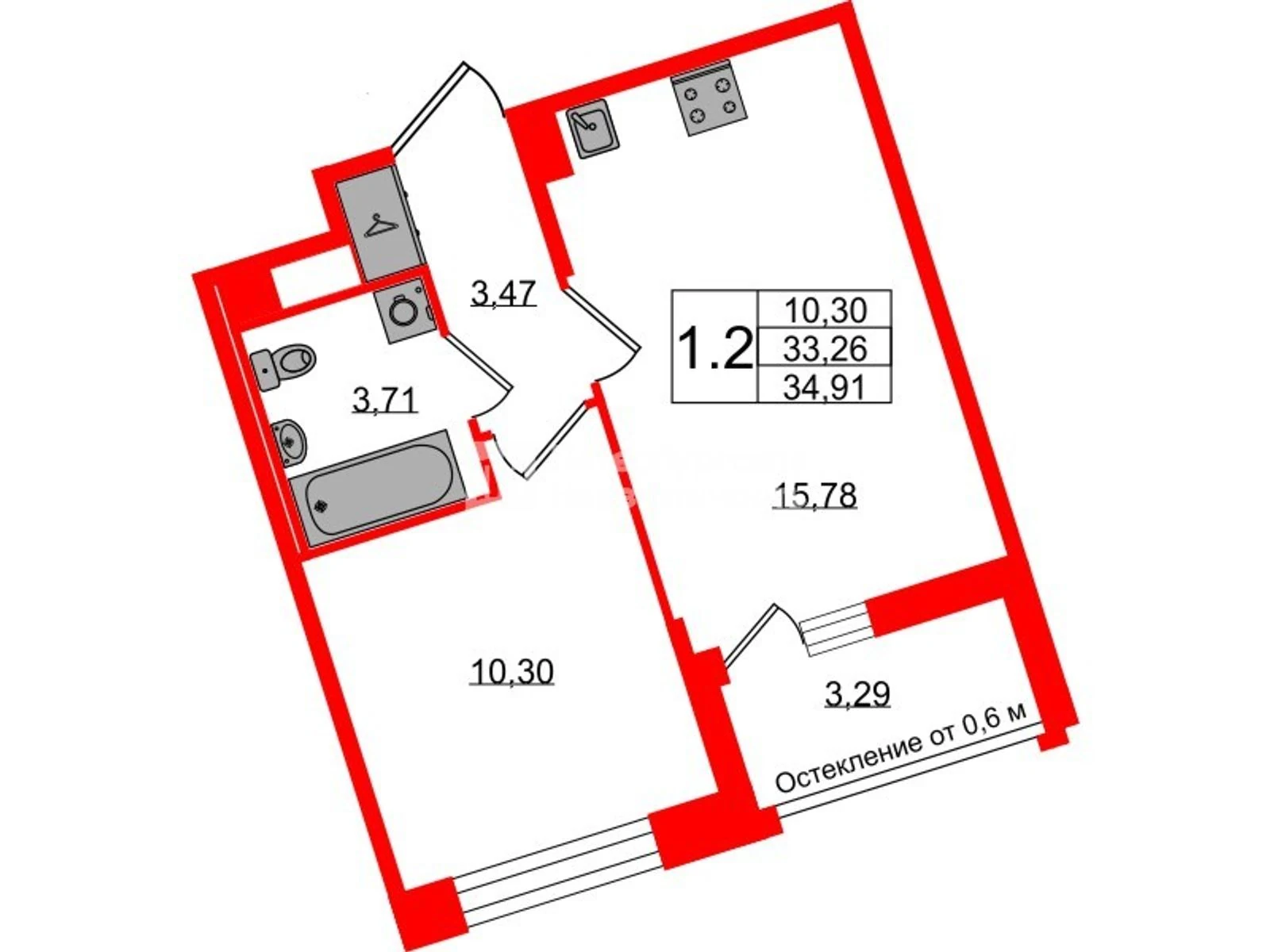 Планировка 2-комнатная 33,3 м² в жилом комплексе «Астра Континенталь» — Жилой комплекс «Астра Континенталь»