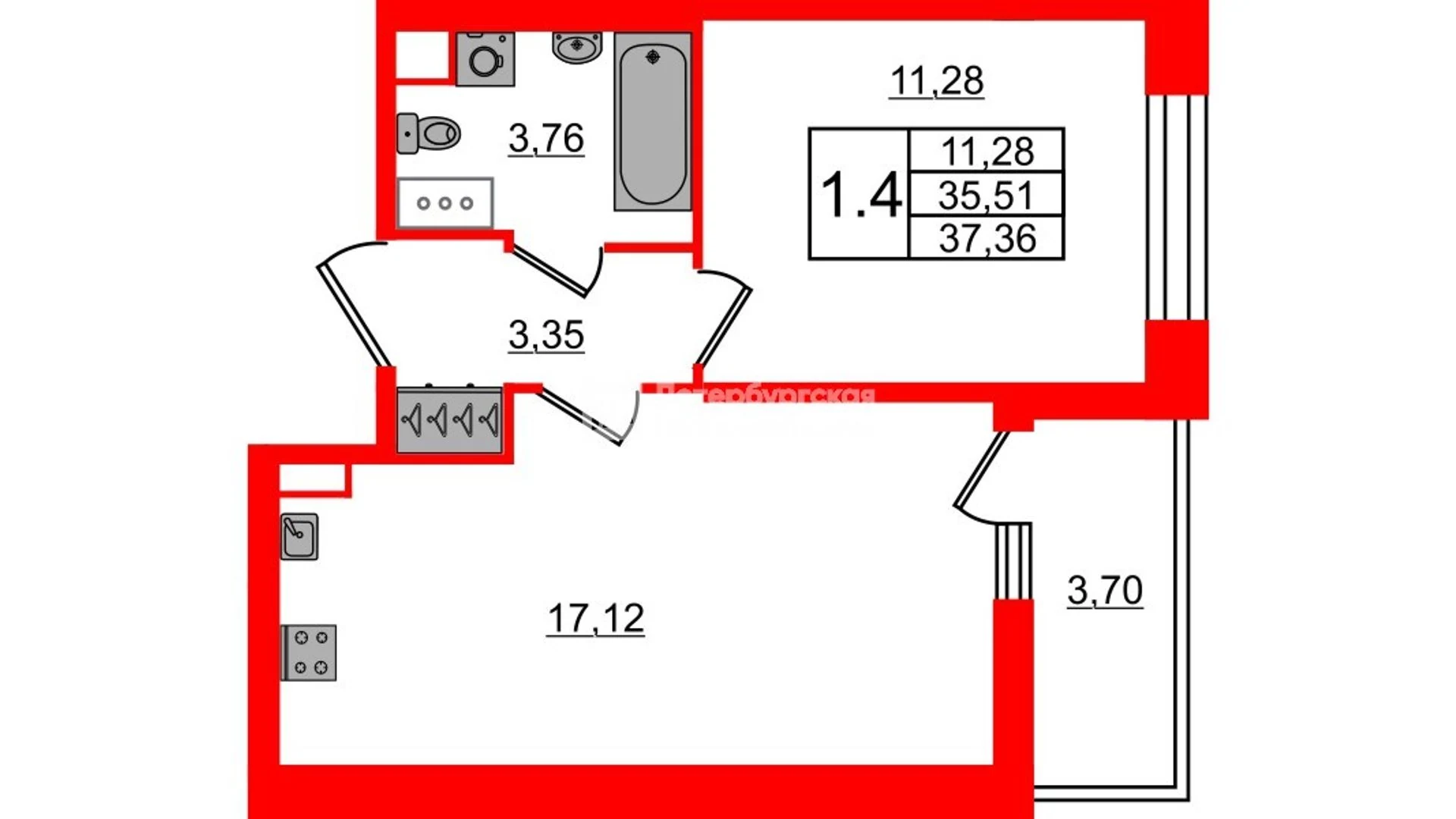 Планировка 2-комнатная 35,5 м² в жилом комплексе «Астра Континенталь» — Жилой комплекс «Астра Континенталь»