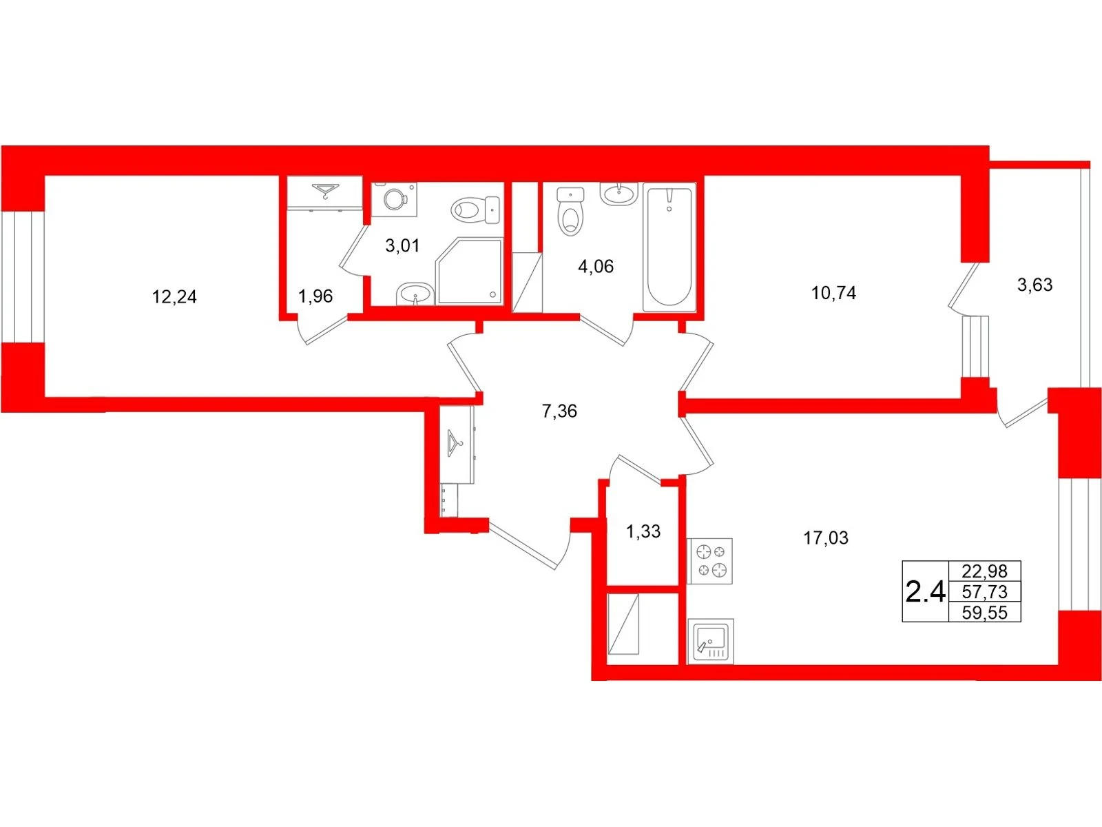 Планировка 3-комнатная 57,7 м² в жилом комплексе «Астра Континенталь» — Жилой комплекс «Астра Континенталь»