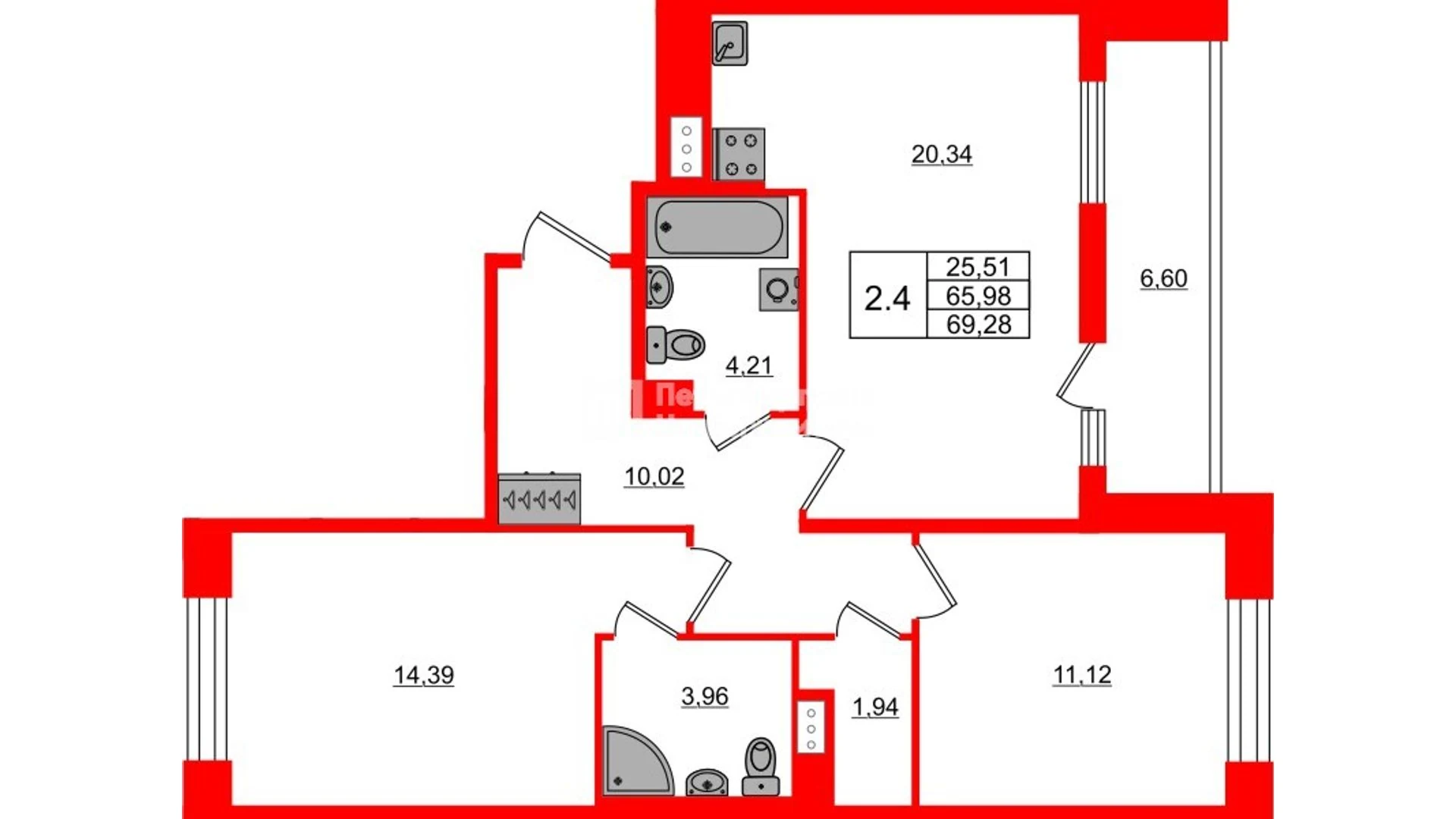 Планировка 3-комнатная 66 м² в жилом комплексе «Астра Континенталь» — Жилой комплекс «Астра Континенталь»