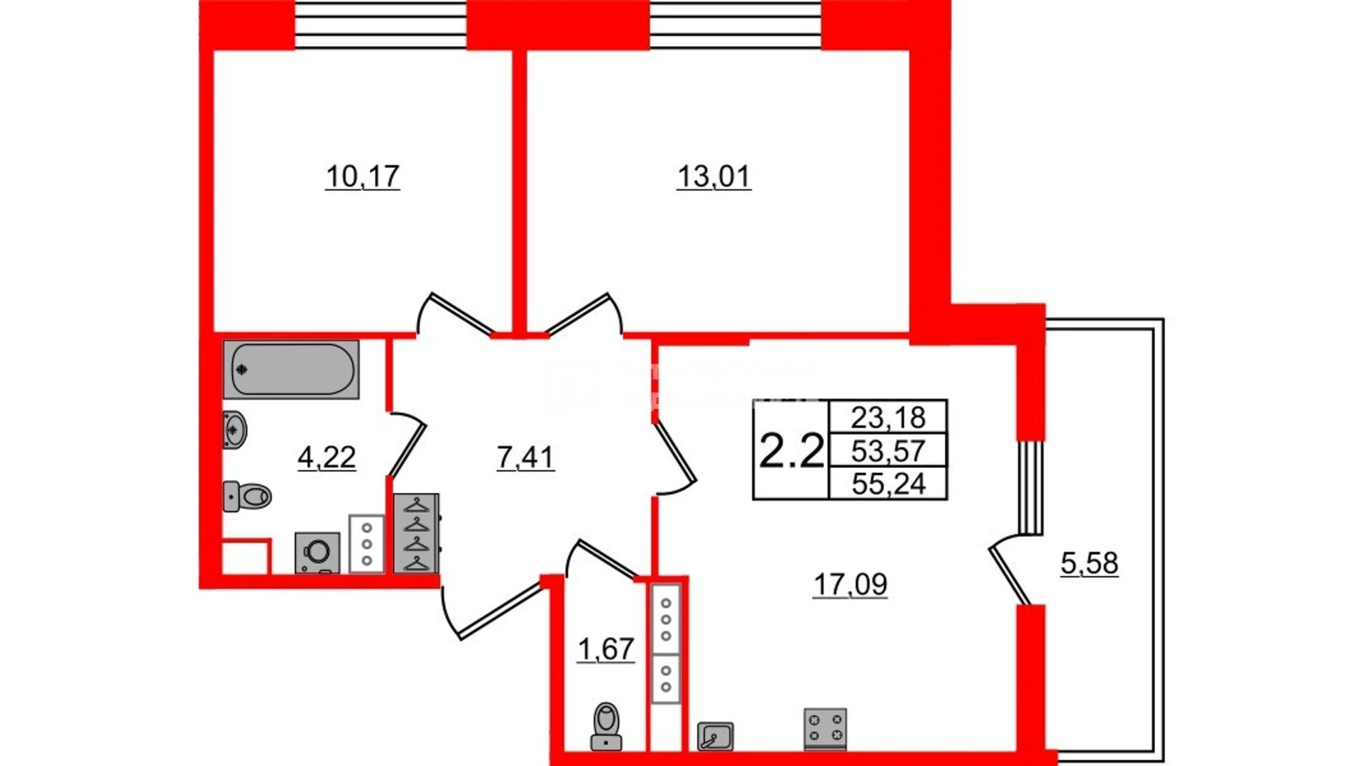 Планировка 3-комнатная 53,6 м² в жилом комплексе «Астра Континенталь» — Жилой комплекс «Астра Континенталь»