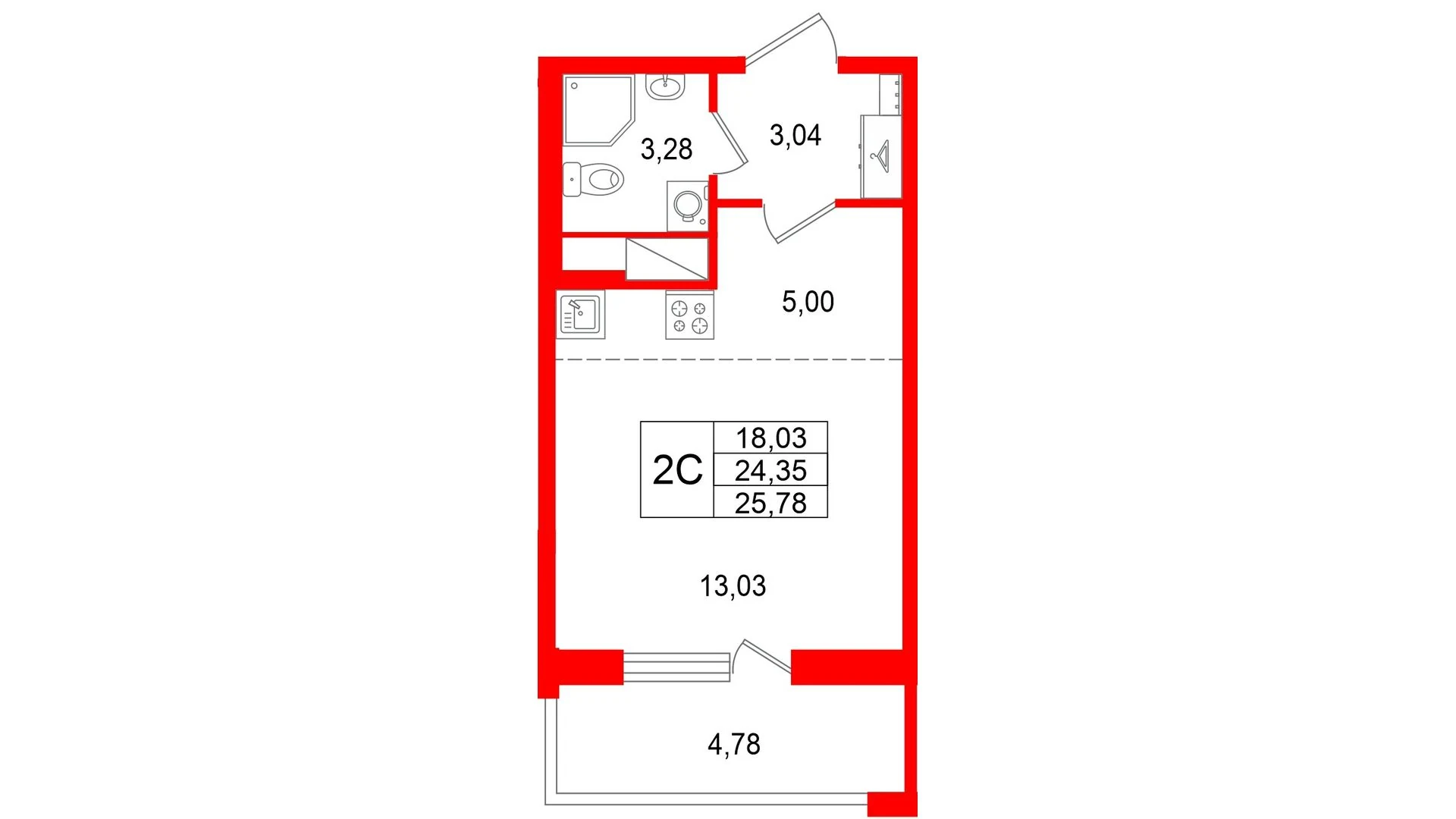 Планировка студия 24,4 м² в жилом комплексе «Астра Континенталь» — Жилой комплекс «Астра Континенталь»