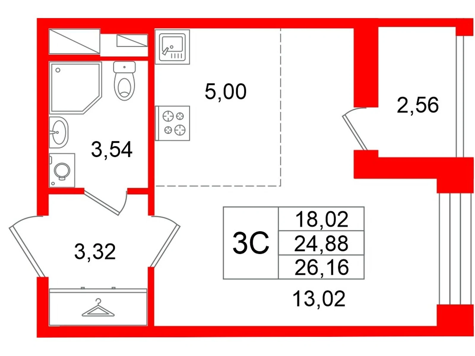 Планировка студия 24,9 м² в жилом комплексе «Астра Континенталь» — Жилой комплекс «Астра Континенталь»