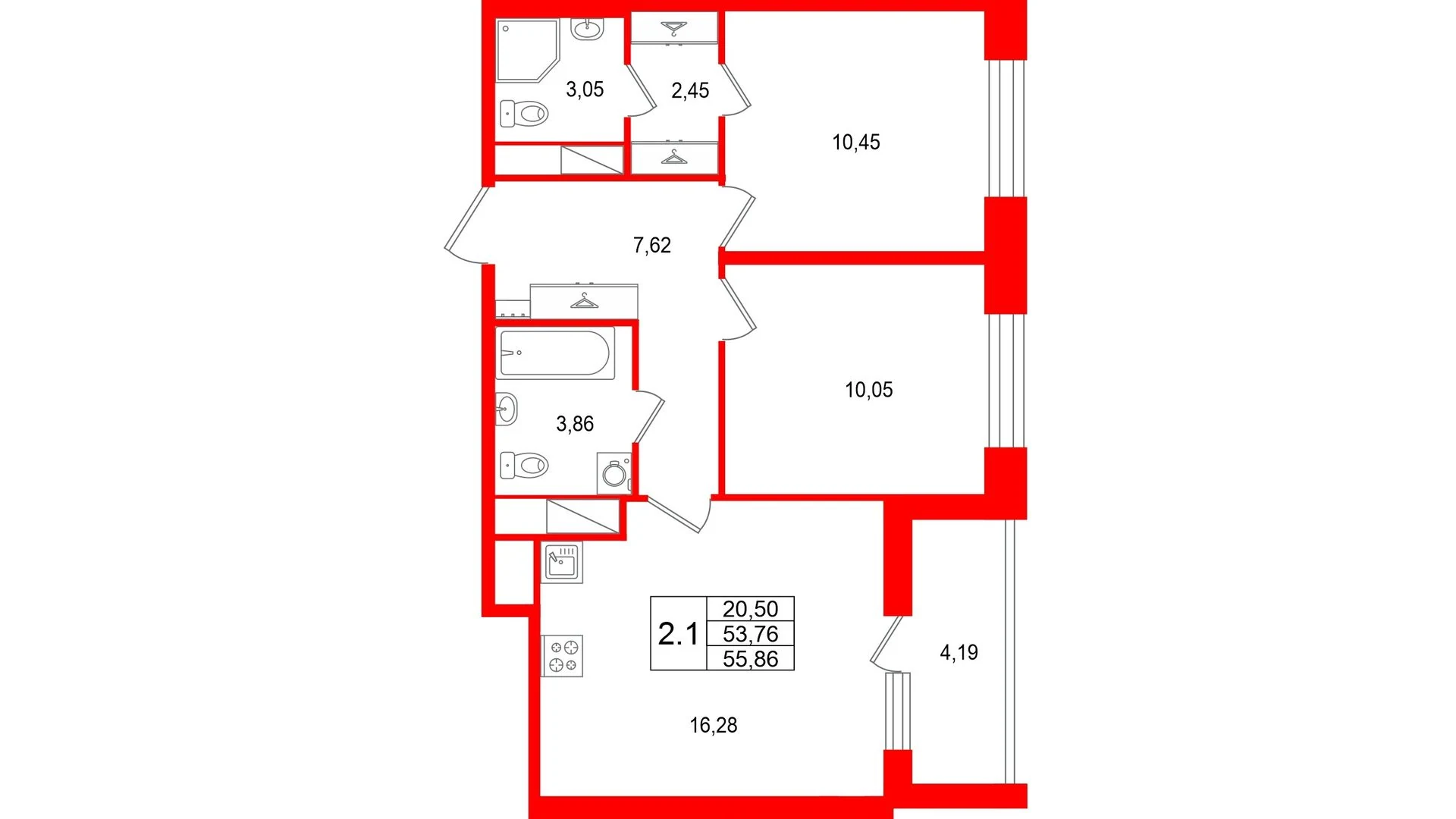 Планировка 3-комнатная 53,8 м² в жилом комплексе «Астра Континенталь» — Жилой комплекс «Астра Континенталь»