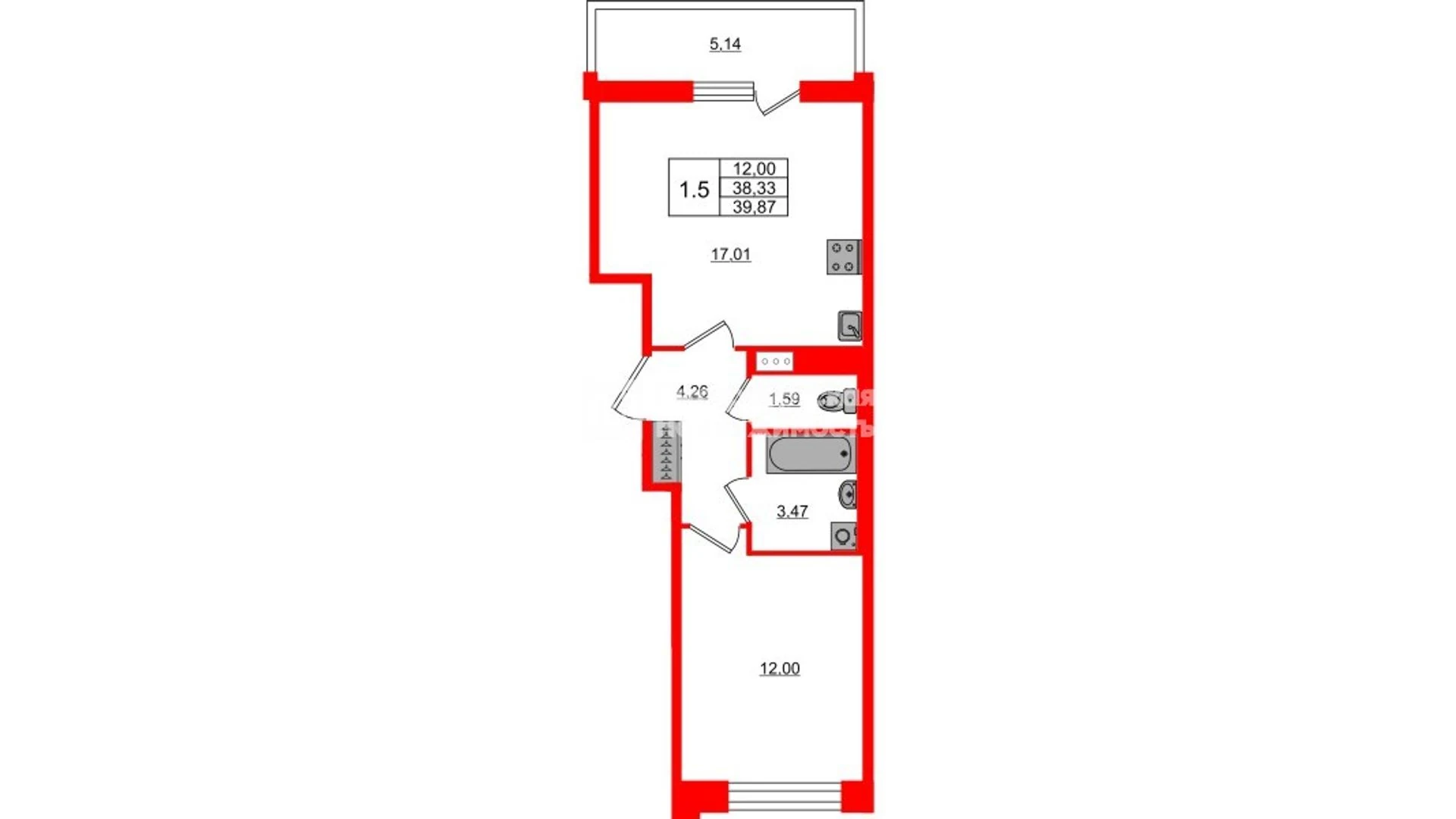 Планировка 2-комнатная 38,3 м² в жилом комплексе «Астра Континенталь» — Жилой комплекс «Астра Континенталь»